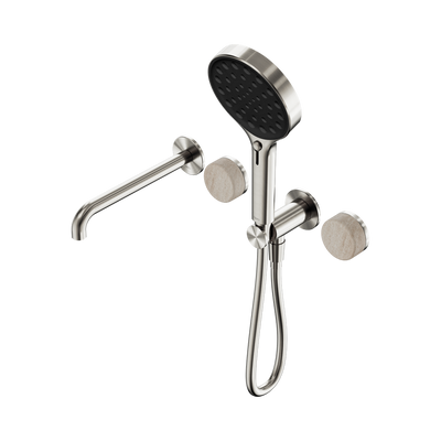 NERO SERENITY PROGRESSIVE SHOWER SYSTEM WITH SPOUT WITH ROME TRAVERTINE HANDLE AND SERENITY HAND SHOWER BRUSHED NICKEL