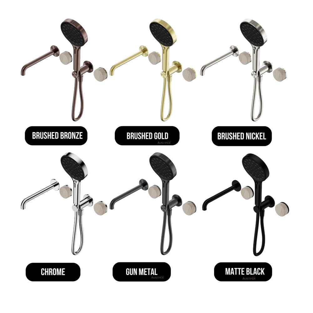 NERO SERENITY PROGRESSIVE SHOWER SYSTEM WITH SPOUT WITH ROME TRAVERTINE HANDLE AND SERENITY HAND SHOWER BRUSHED GOLD