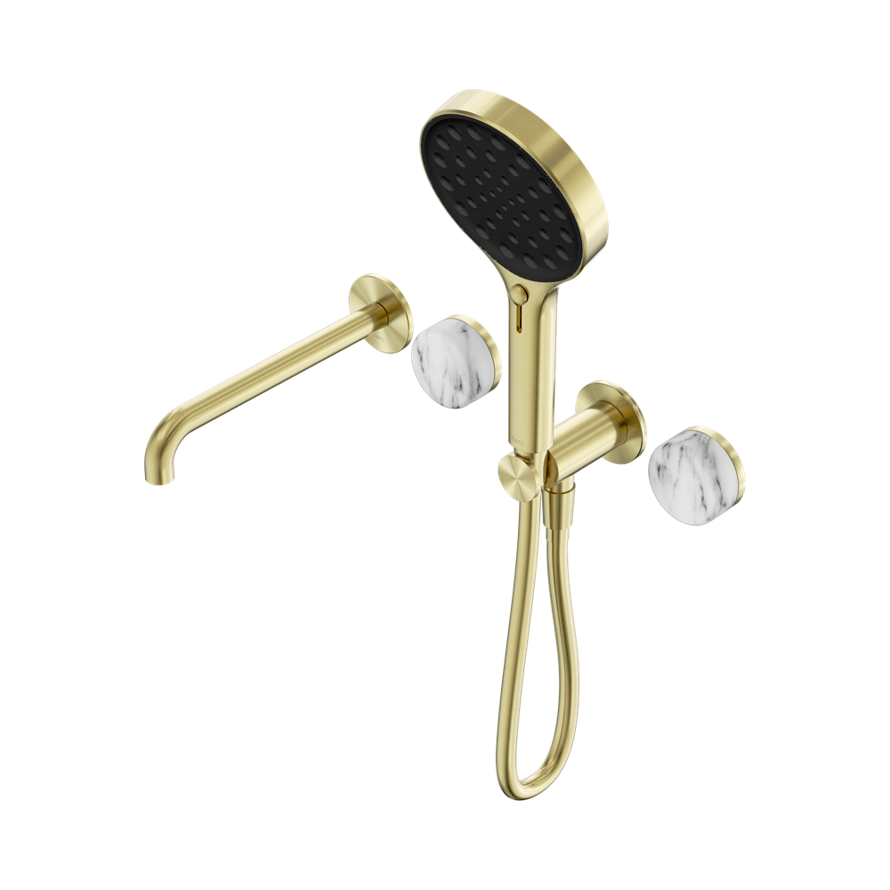 NERO SERENITY PROGRESSIVE SHOWER SYSTEM WITH SPOUT WITH ARABESCATO CORCHIA HANDLE AND SERENITY HAND SHOWER BRUSHED GOLD