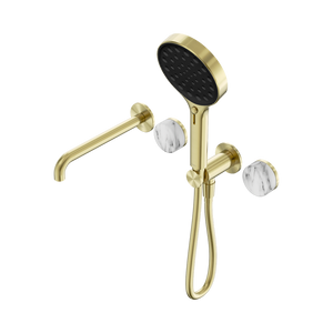 NERO SERENITY PROGRESSIVE SHOWER SYSTEM WITH SPOUT WITH ARABESCATO CORCHIA HANDLE AND SERENITY HAND SHOWER BRUSHED GOLD