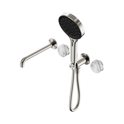 NERO SERENITY PROGRESSIVE SHOWER SYSTEM WITH SPOUT WITH ARABESCATO CORCHIA HANDLE AND SERENITY HAND SHOWER BRUSHED NICKEL
