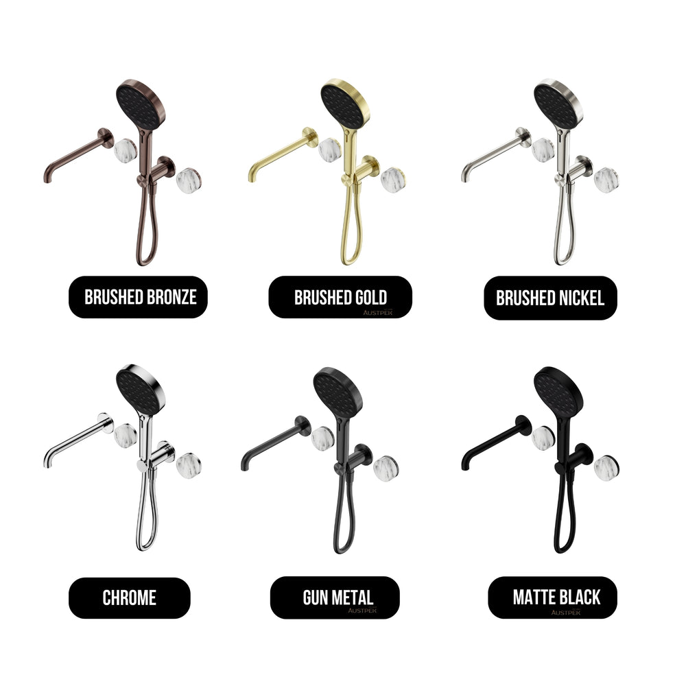 NERO SERENITY PROGRESSIVE SHOWER SYSTEM WITH SPOUT WITH ARABESCATO CORCHIA HANDLE AND SERENITY HAND SHOWER MATTE BLACK