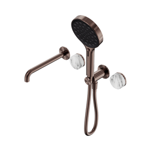 NERO SERENITY PROGRESSIVE SHOWER SYSTEM WITH SPOUT WITH ARABESCATO CORCHIA HANDLE AND SERENITY HAND SHOWER BRUSHED BRONZE