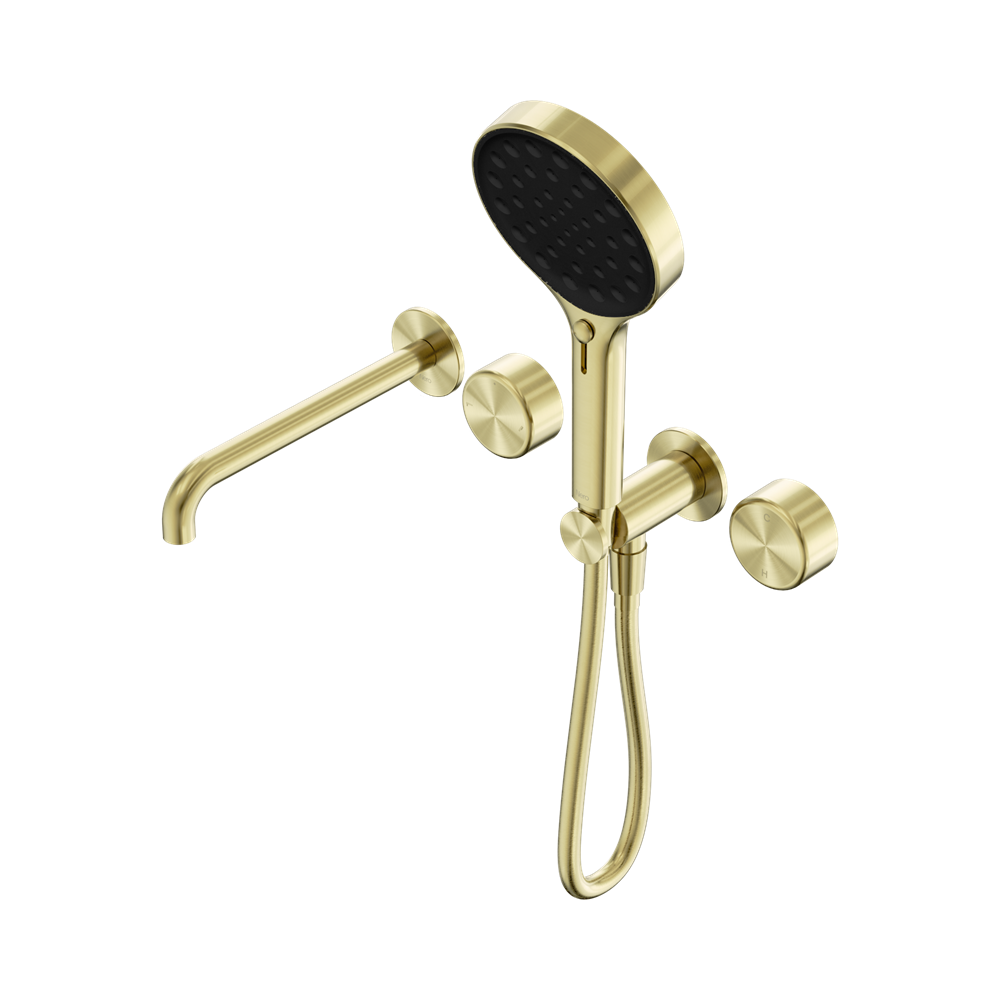 NERO SERENITY PROGRESSIVE SHOWER SYSTEM WITH SPOUT WITH METAL HANDLE AND SERENITY HAND SHOWER BRUSHED GOLD