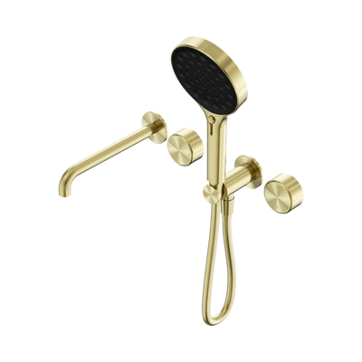 NERO SERENITY PROGRESSIVE SHOWER SYSTEM WITH SPOUT WITH METAL HANDLE AND SERENITY HAND SHOWER BRUSHED GOLD