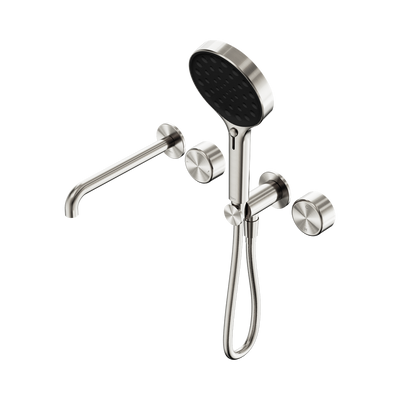 NERO SERENITY PROGRESSIVE SHOWER SYSTEM WITH SPOUT WITH METAL HANDLE AND SERENITY HAND SHOWER BRUSHED NICKEL