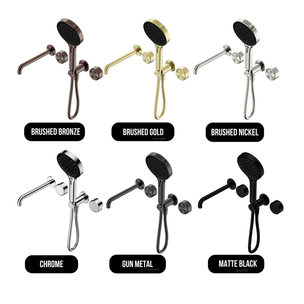 NERO SERENITY PROGRESSIVE SHOWER SYSTEM WITH SPOUT WITH METAL HANDLE AND SERENITY HAND SHOWER BRUSHED GOLD