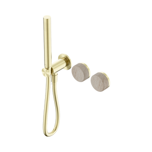 NERO SERENITY PROGRESSIVE SHOWER SYSTEM WITH ROME TRAVERTINE HANDLE AND SLIM SHOWER BRUSHED GOLD