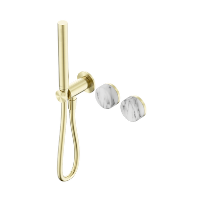NERO SERENITY PROGRESSIVE SHOWER SYSTEM WITH ARABESCATO CORCHIA HANDLE AND SLIM SHOWER BRUSHED GOLD