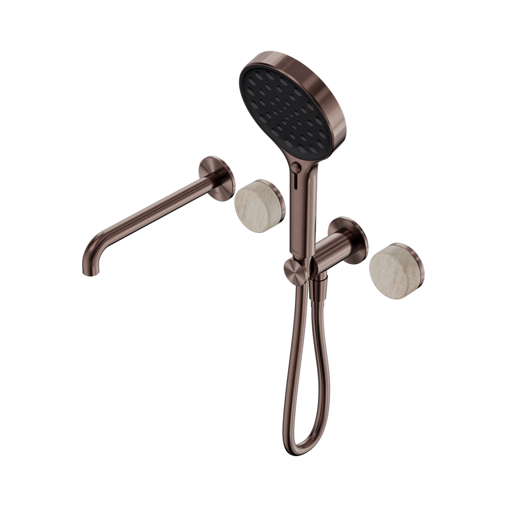 NERO SERENITY PROGRESSIVE SHOWER SYSTEM WITH SPOUT WITH ROME TRAVERTINE HANDLE AND SERENITY HAND SHOWER BRUSHED BRONZE