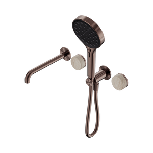 NERO SERENITY PROGRESSIVE SHOWER SYSTEM WITH SPOUT WITH ROME TRAVERTINE HANDLE AND SERENITY HAND SHOWER BRUSHED BRONZE