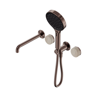 NERO SERENITY PROGRESSIVE SHOWER SYSTEM WITH SPOUT WITH ROME TRAVERTINE HANDLE AND SERENITY HAND SHOWER BRUSHED BRONZE