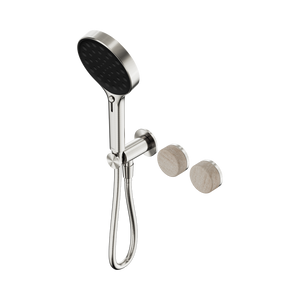 NERO SERENITY PROGRESSIVE SHOWER SYSTEM WITH ROME TRAVERTINE HANDLE AND SERENITY HAND SHOWER BRUSHED NICKEL