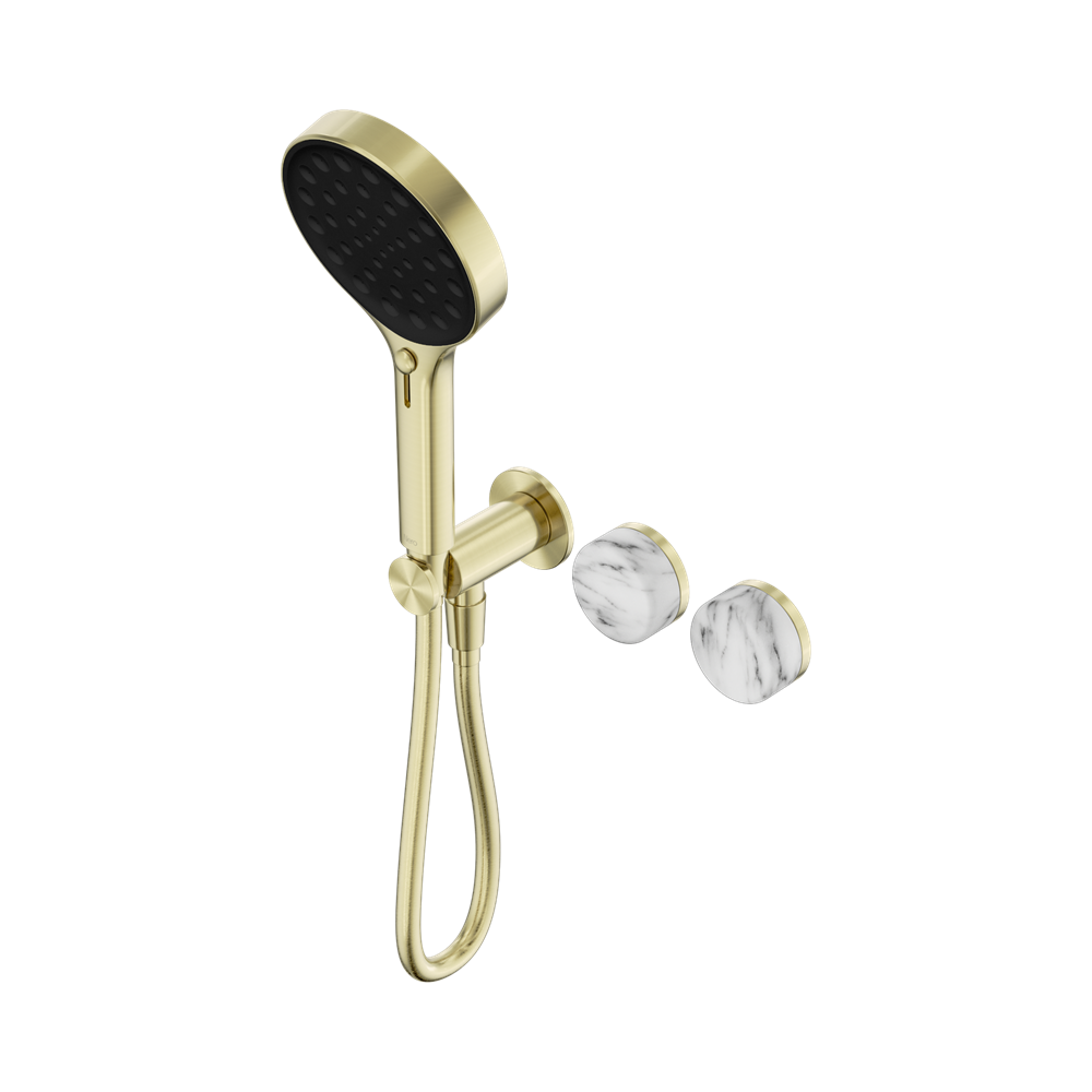 NERO SERENITY PROGRESSIVE SHOWER SYSTEM WITH ARABESCATO CORCHIA HANDLE AND SERENITY HAND SHOWER BRUSHED GOLD
