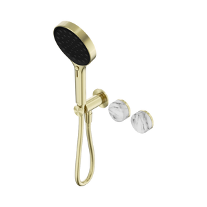 NERO SERENITY PROGRESSIVE SHOWER SYSTEM WITH ARABESCATO CORCHIA HANDLE AND SERENITY HAND SHOWER BRUSHED GOLD