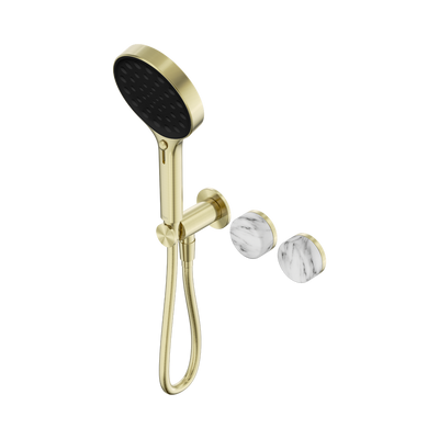 NERO SERENITY PROGRESSIVE SHOWER SYSTEM WITH ARABESCATO CORCHIA HANDLE AND SERENITY HAND SHOWER BRUSHED GOLD