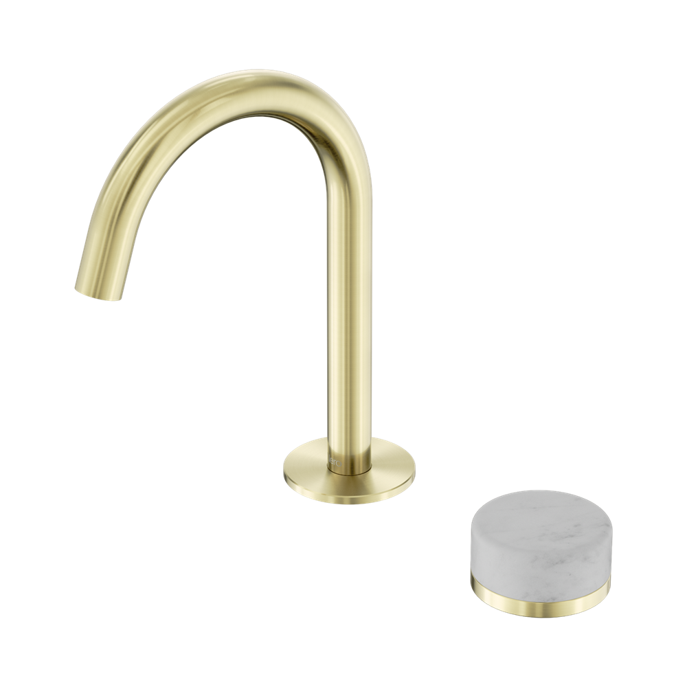 NERO SERENITY PROGRESSIVE BASIN MIXER ARC SPOUT WITH CARRARA HANDLE 210MM BRUSHED GOLD