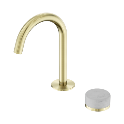 NERO SERENITY PROGRESSIVE BASIN MIXER ARC SPOUT WITH CARRARA HANDLE 210MM BRUSHED GOLD