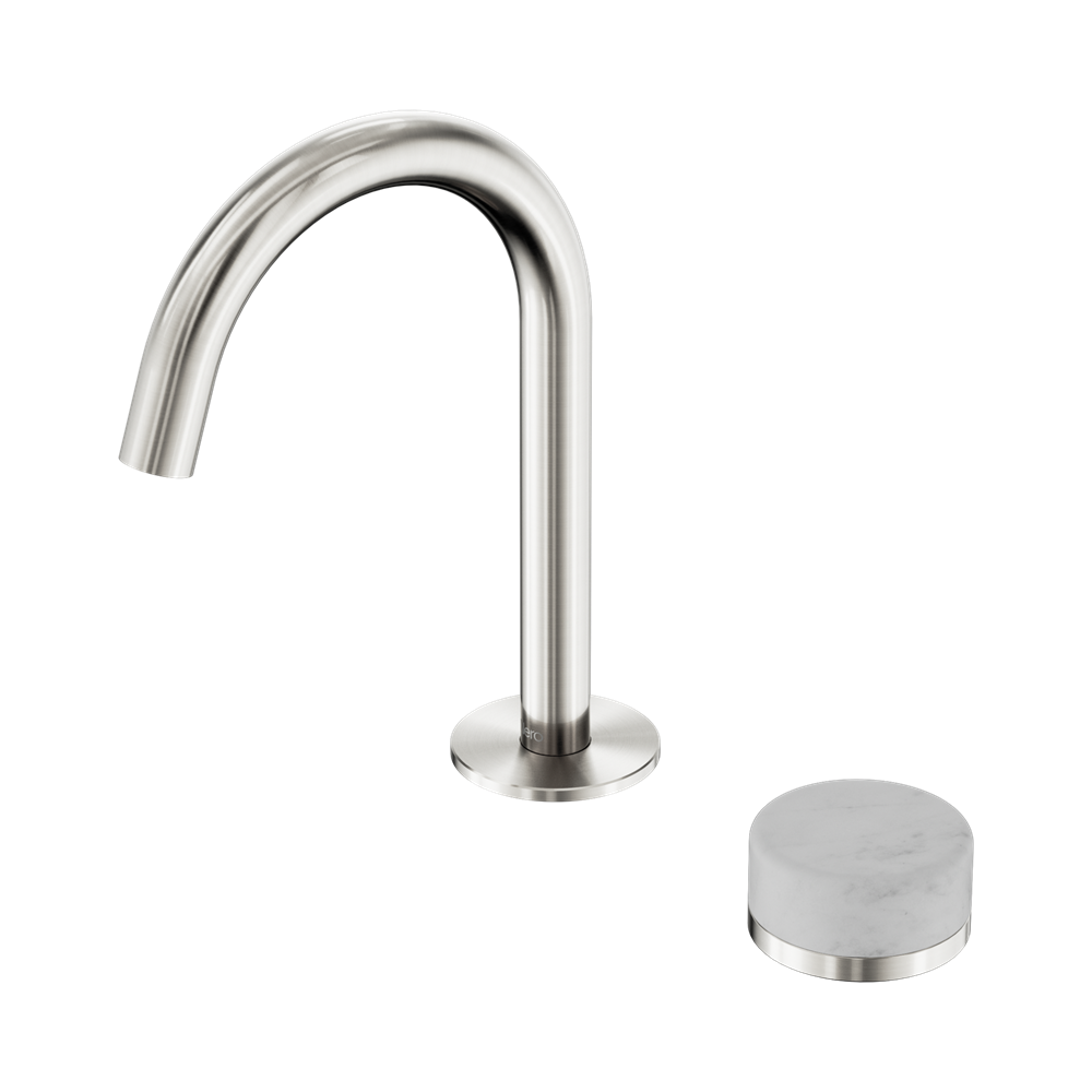 NERO SERENITY PROGRESSIVE BASIN MIXER ARC SPOUT WITH CARRARA HANDLE 210MM BRUSHED NICKEL