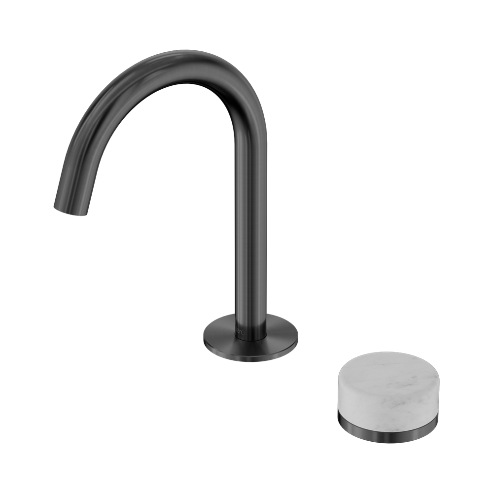 NERO SERENITY PROGRESSIVE BASIN MIXER ARC SPOUT WITH CARRARA HANDLE 210MM GUN METAL