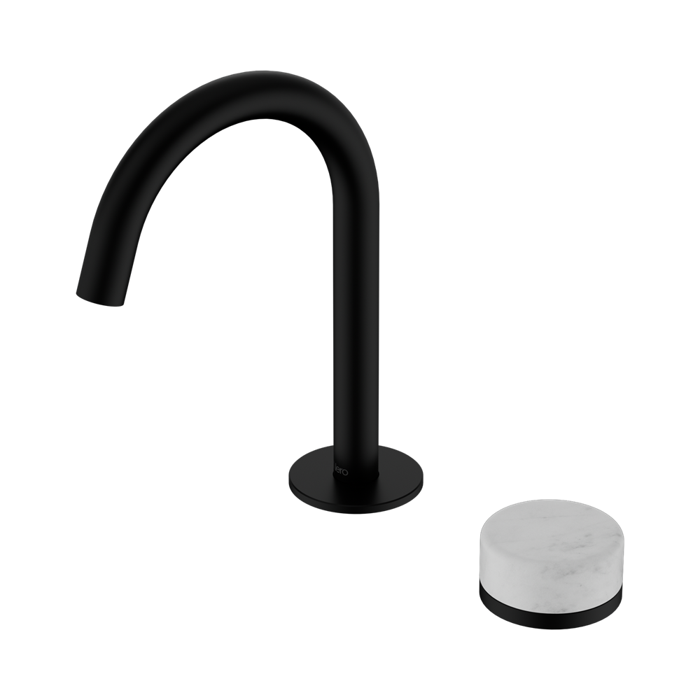NERO SERENITY PROGRESSIVE BASIN MIXER ARC SPOUT WITH CARRARA HANDLE 210MM MATTE BLACK