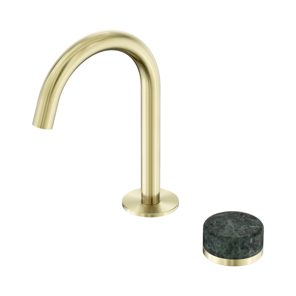 NERO SERENITY PROGRESSIVE BASIN MIXER ARC SPOUT WITH VERDE ALPI HANDLE 210MM BRUSHED GOLD