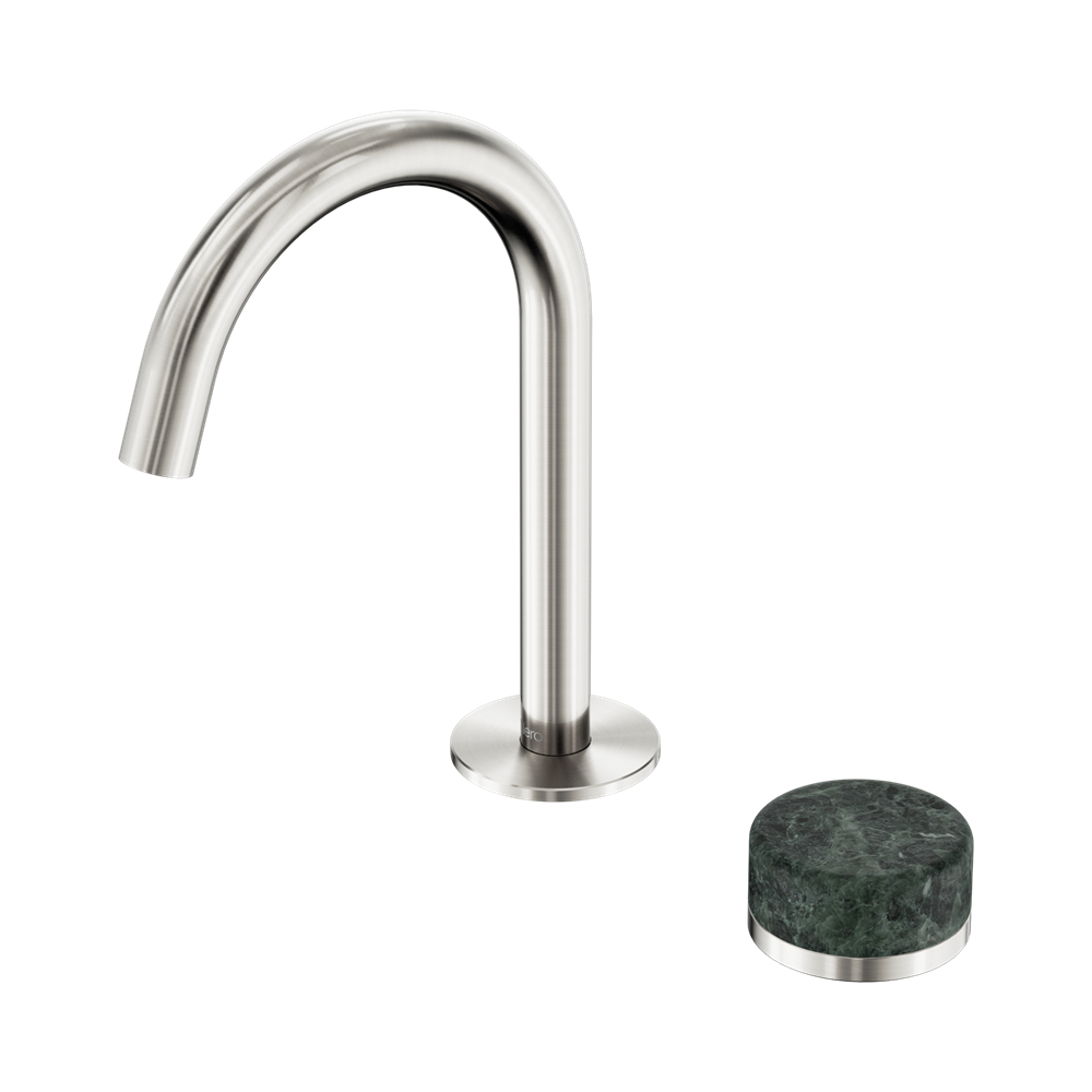 NERO SERENITY PROGRESSIVE BASIN MIXER ARC SPOUT WITH VERDE ALPI HANDLE 210MM BRUSHED NICKEL