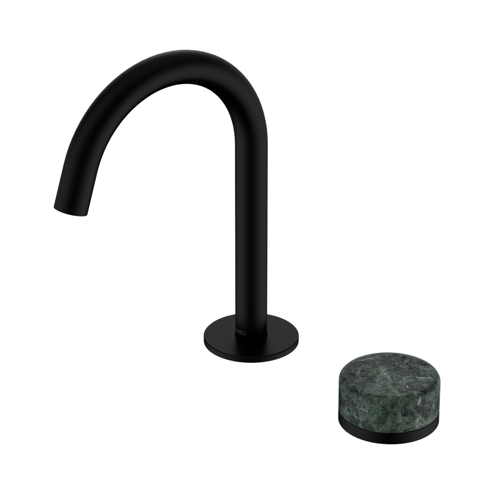 NERO SERENITY PROGRESSIVE BASIN MIXER ARC SPOUT WITH VERDE ALPI HANDLE 210MM MATTE BLACK