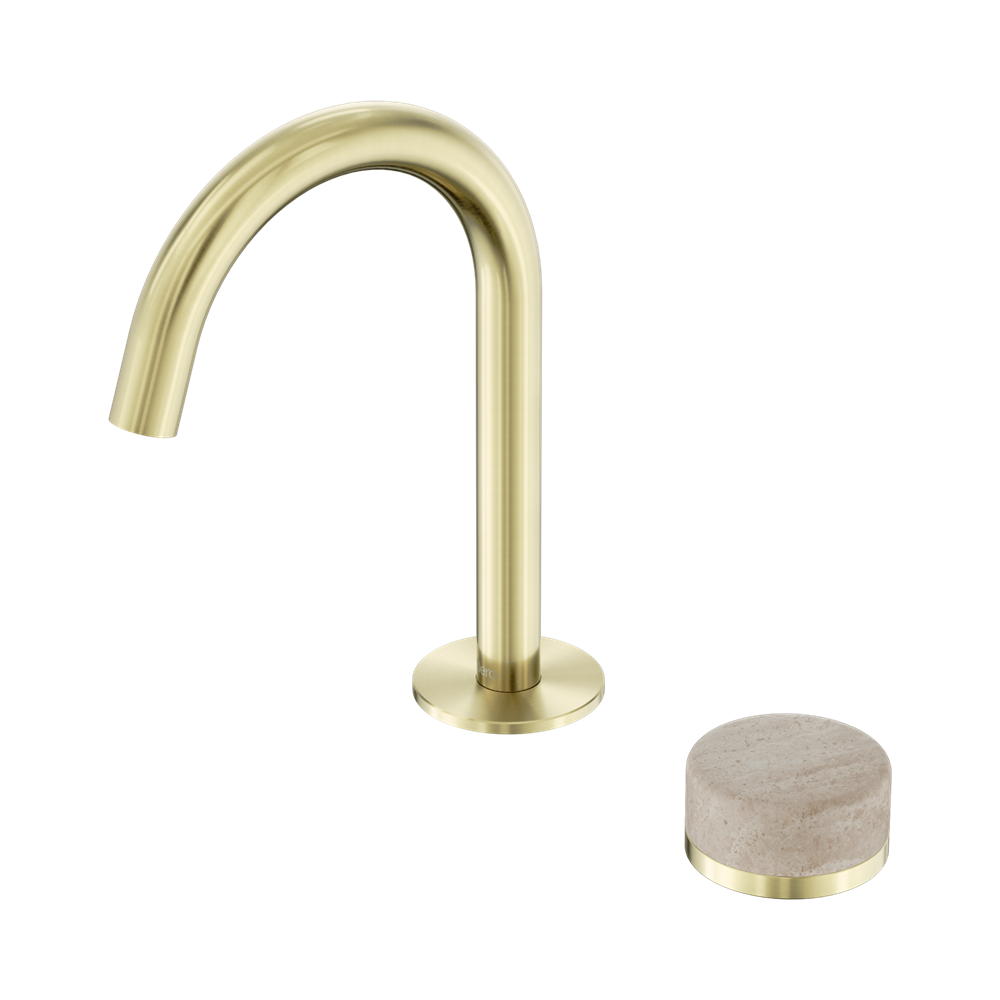 NERO SERENITY PROGRESSIVE BASIN MIXER ARC SPOUT WITH ROME TRAVERTINE HANDLE 210MM BRUSHED GOLD