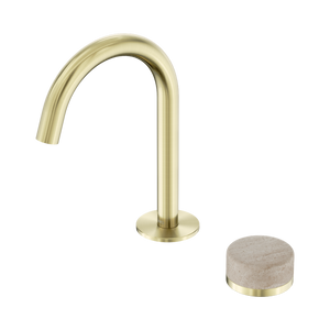 NERO SERENITY PROGRESSIVE BASIN MIXER ARC SPOUT WITH ROME TRAVERTINE HANDLE 210MM BRUSHED GOLD