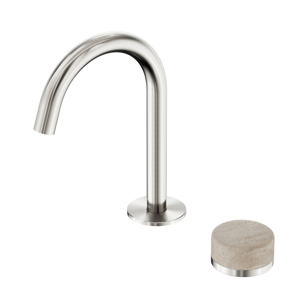 NERO SERENITY PROGRESSIVE BASIN MIXER ARC SPOUT WITH ROME TRAVERTINE HANDLE 210MM BRUSHED NICKEL