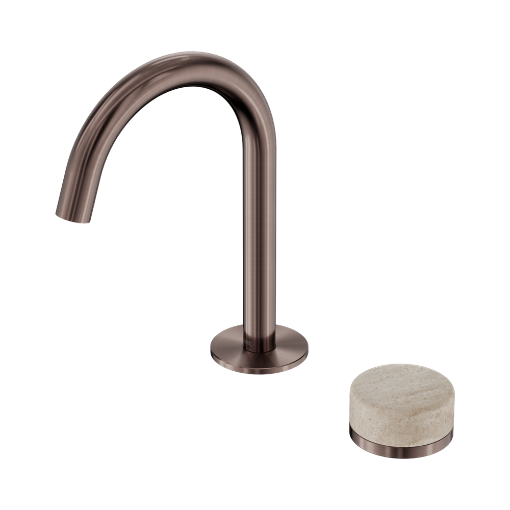 NERO SERENITY PROGRESSIVE BASIN MIXER ARC SPOUT WITH ROME TRAVERTINE HANDLE 210MM BRUSHED BRONZE