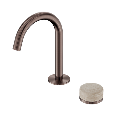 NERO SERENITY PROGRESSIVE BASIN MIXER ARC SPOUT WITH ROME TRAVERTINE HANDLE 210MM BRUSHED BRONZE