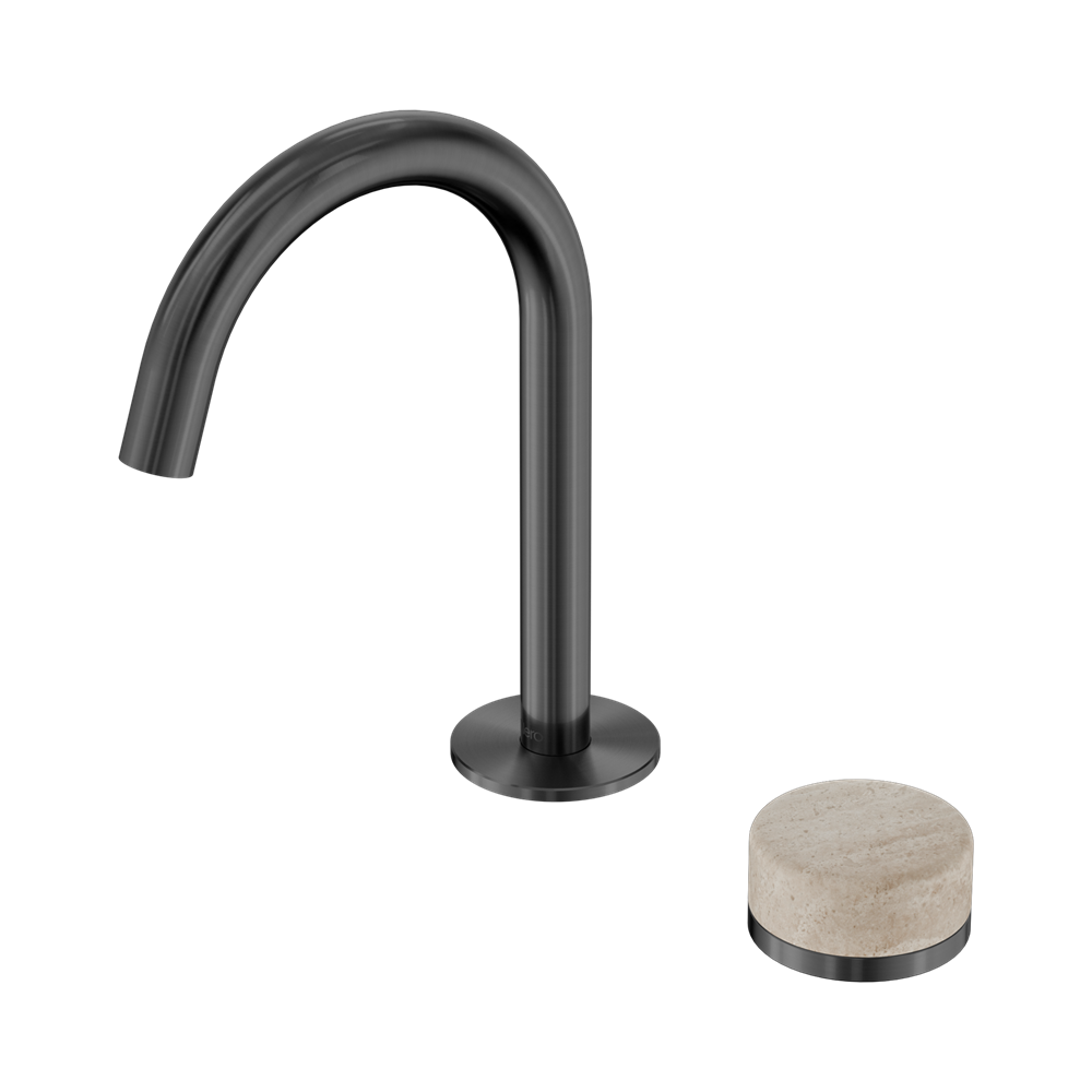 NERO SERENITY PROGRESSIVE BASIN MIXER ARC SPOUT WITH ROME TRAVERTINE HANDLE 210MM GUN METAL