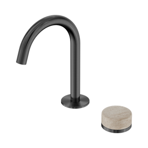 NERO SERENITY PROGRESSIVE BASIN MIXER ARC SPOUT WITH ROME TRAVERTINE HANDLE 210MM GUN METAL