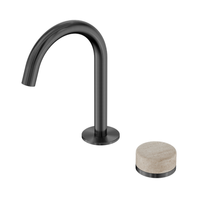 NERO SERENITY PROGRESSIVE BASIN MIXER ARC SPOUT WITH ROME TRAVERTINE HANDLE 210MM GUN METAL