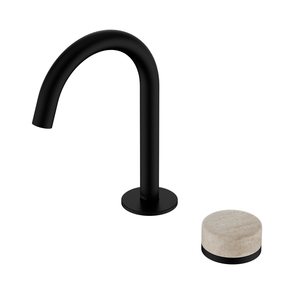 NERO SERENITY PROGRESSIVE BASIN MIXER ARC SPOUT WITH ROME TRAVERTINE HANDLE 210MM MATTE BLACK