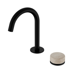 NERO SERENITY PROGRESSIVE BASIN MIXER ARC SPOUT WITH ROME TRAVERTINE HANDLE 210MM MATTE BLACK