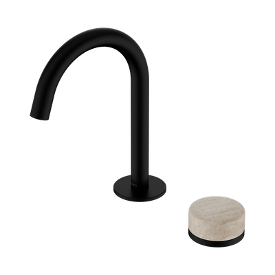 NERO SERENITY PROGRESSIVE BASIN MIXER ARC SPOUT WITH ROME TRAVERTINE HANDLE 210MM MATTE BLACK