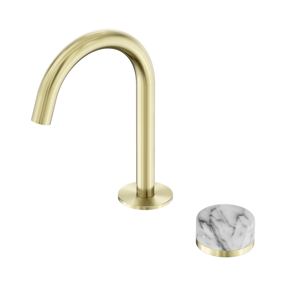 NERO SERENITY PROGRESSIVE BASIN MIXER ARC SPOUT WITH ARABESCATO CORCHIA HANDLE 210MM BRUSHED GOLD