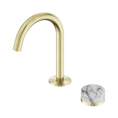 NERO SERENITY PROGRESSIVE BASIN MIXER ARC SPOUT WITH ARABESCATO CORCHIA HANDLE 210MM BRUSHED GOLD