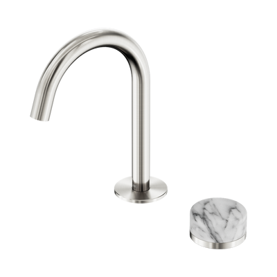NERO SERENITY PROGRESSIVE BASIN MIXER ARC SPOUT WITH ARABESCATO CORCHIA HANDLE 210MM BRUSHED NICKEL