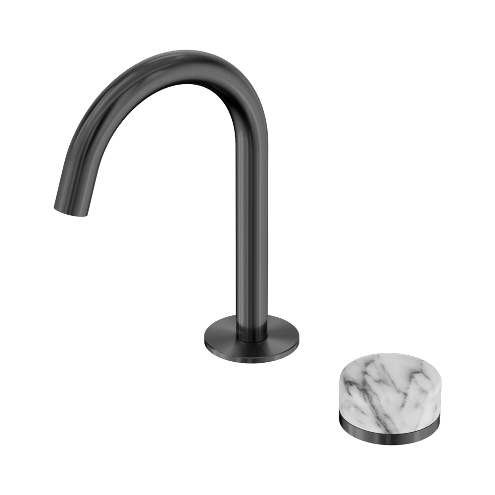 NERO SERENITY PROGRESSIVE BASIN MIXER ARC SPOUT WITH ARABESCATO CORCHIA HANDLE 210MM GUN METAL