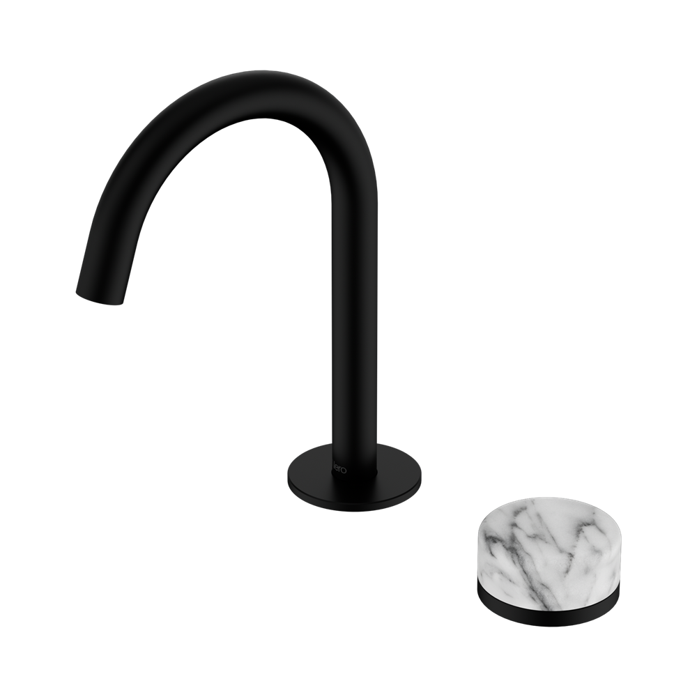 NERO SERENITY PROGRESSIVE BASIN MIXER ARC SPOUT WITH ARABESCATO CORCHIA HANDLE 210MM MATTE BLACK