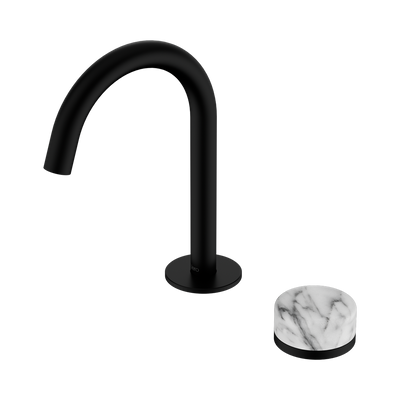 NERO SERENITY PROGRESSIVE BASIN MIXER ARC SPOUT WITH ARABESCATO CORCHIA HANDLE 210MM MATTE BLACK