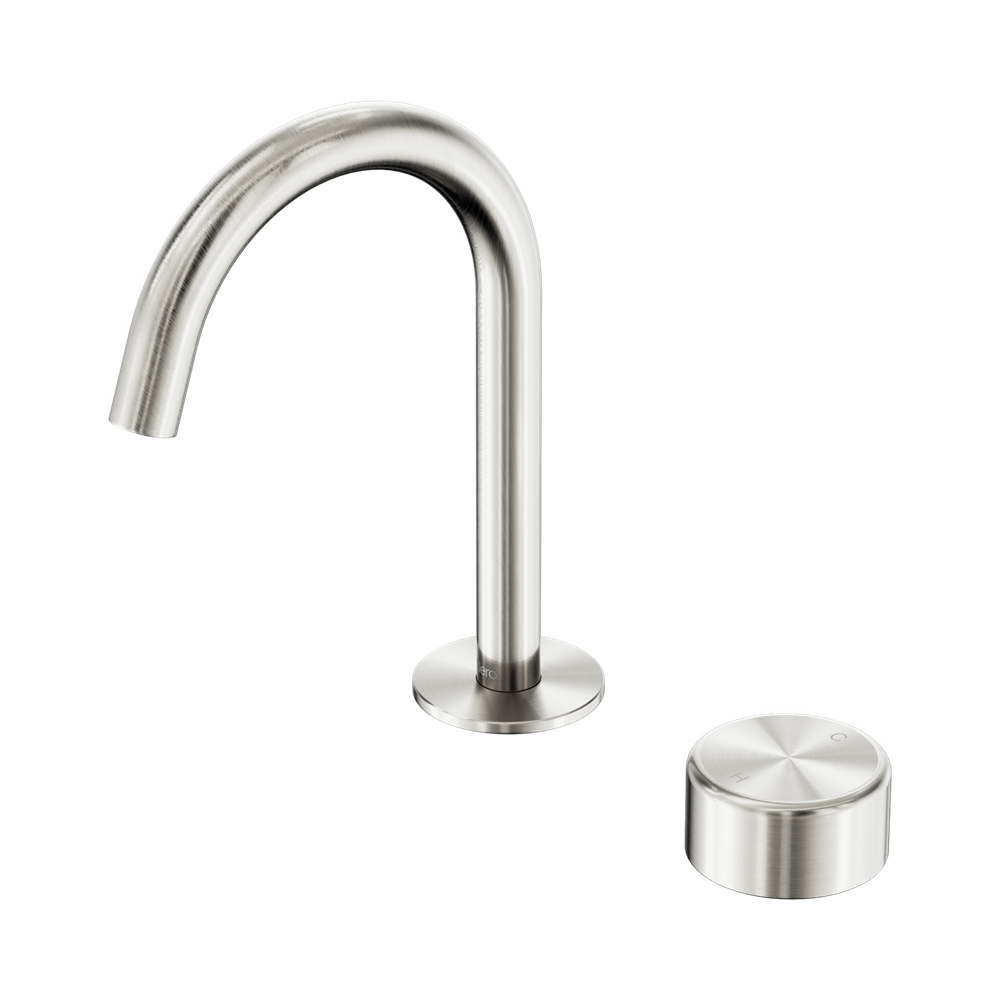 NERO SERENITY PROGRESSIVE BASIN MIXER ARC SPOUT WITH METAL HANDLE 210MM BRUSHED NICKEL