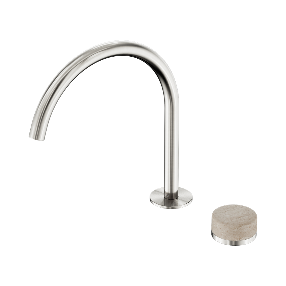 NERO SERENITY PROGRESSIVE BATH/KITCHEN MIXER ARC SPOUT WITH ROME TRAVERTINE HANDLE 260MM BRUSHED NICKEL