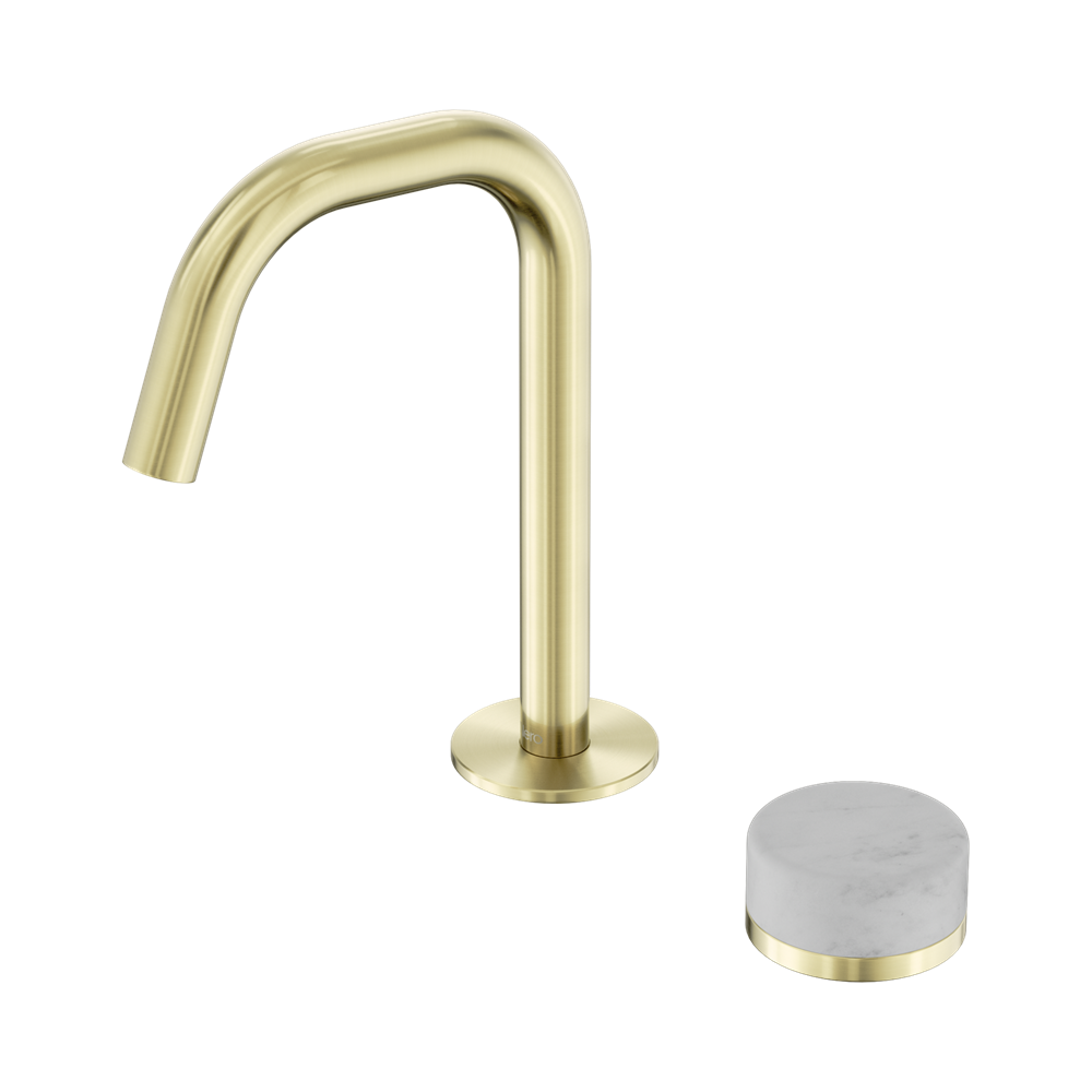 NERO SERENITY PROGRESSIVE BASIN MIXER EDGE SPOUT WITH CARRARA HANDLE 210MM BRUSHED GOLD