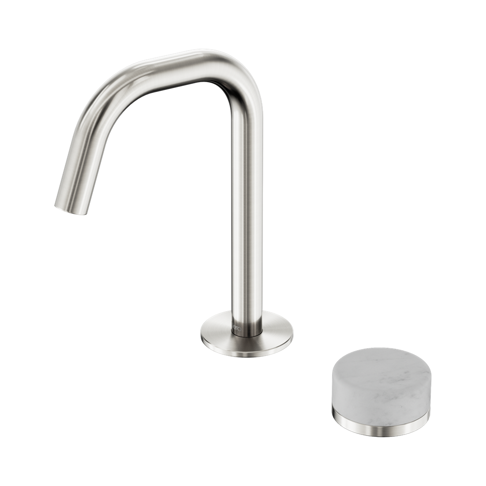 NERO SERENITY PROGRESSIVE BASIN MIXER EDGE SPOUT WITH CARRARA HANDLE 210MM BRUSHED NICKEL
