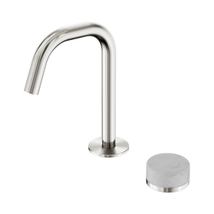 NERO SERENITY PROGRESSIVE BASIN MIXER EDGE SPOUT WITH CARRARA HANDLE 210MM BRUSHED NICKEL